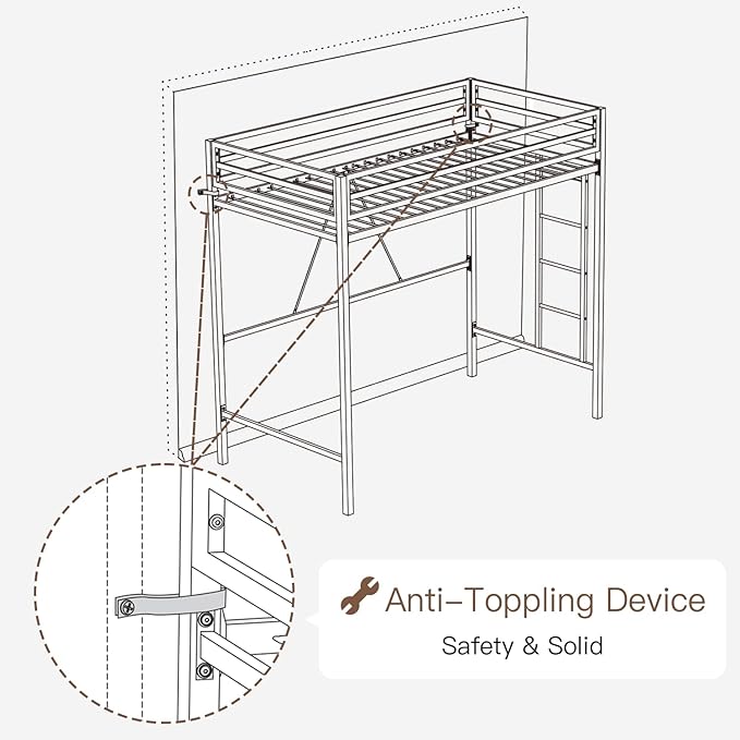 ikalido Metal Loft Bed Twin Size with Safety Guardrail and Ladder, No Box Spring Needed Space Saving Bedroom Furniture, Matte Black