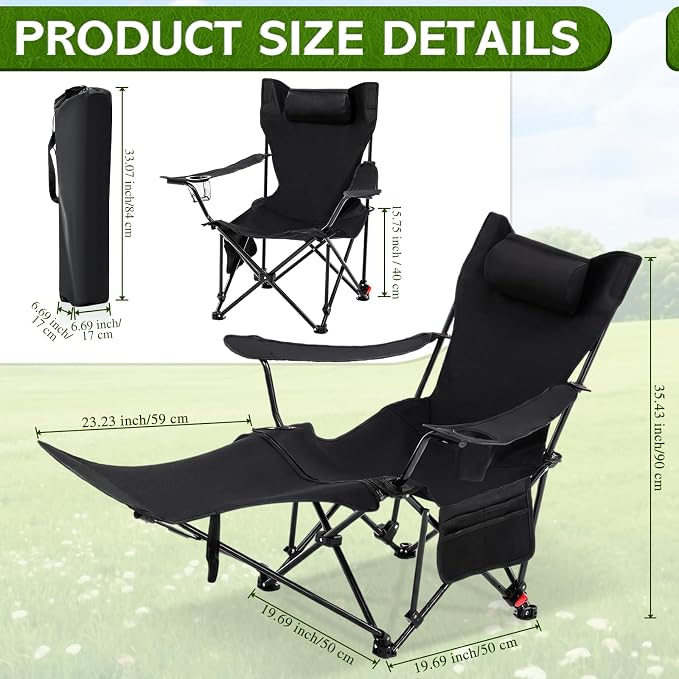Karenhi 2 Pcs 2-in-1 Reclining Camping Chair with Removable Footrest Folding Recliner Camping Portable Beach Lounge Chair Oxford Fabric Reclining Design with Pillow Pockets Carry Bag