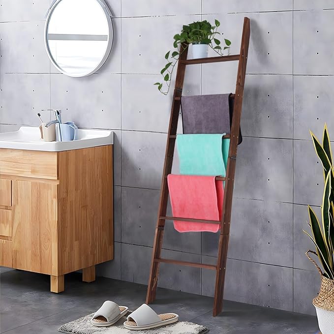 Blanket Ladder for Living Room and Bedroom,6-Tier Decorative Display Ladder Shelf,Ladder Rack for Storage and Decor,Wall Leaning Farmhouse Blanket Storage,Towel Rack, Bathroom,Brown
