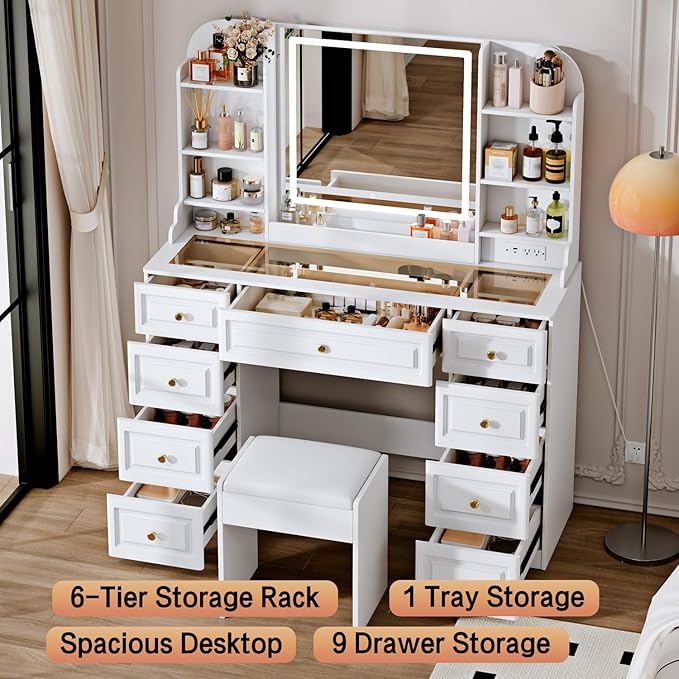 Arulvmrn 43" Makeup Vanity Desk with Mirror and Lights, & Power Outl, Glass Top Big Vanity Table with 9 Drawers& 8 Storage Shelves, Dressing Table Set with Chair for Bedroom, White