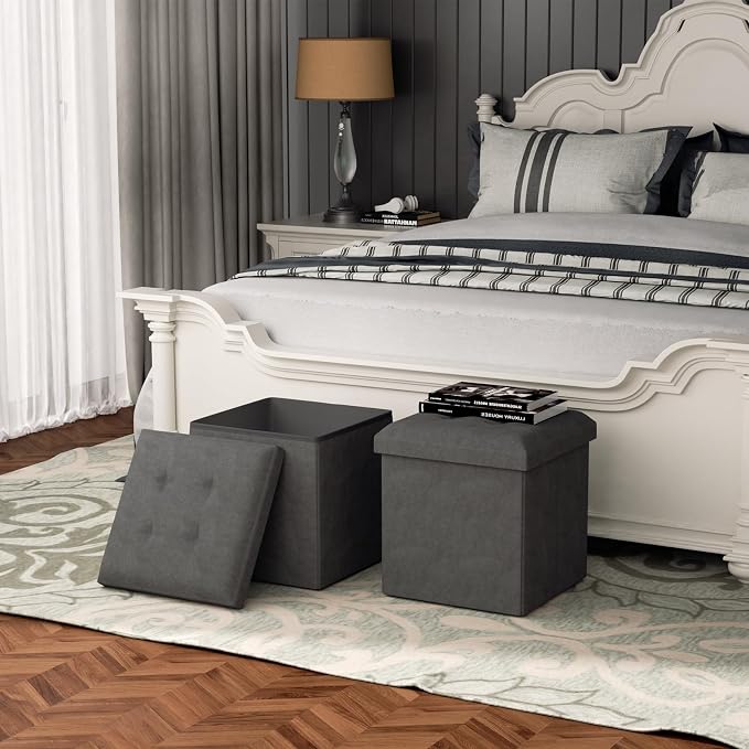 MoNiBloom 15 Inches Storage Ottoman Cube, Folding Square Foot Rest Stool, Small Ottoman Footrest with Storage for Living Room, Bedroom, Entryway, Dark Gray