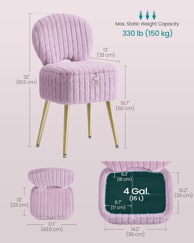 SONGMICS Small Vanity Chair with Storage and Folding Back, Vanity Stool, Footrest Footstool Ottoman, Dressing Table Stool, Furry Padded Seat, for Makeup Room, Bedroom, Light Lilac ULOM532PE01