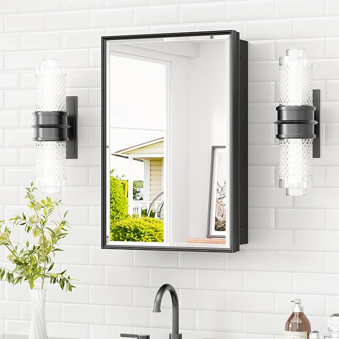 TETOTE Medicine Cabinet Mirror 16" x 24" Black Aluminum Frame Medicine Cabinet with Beveled Mirror, Stepless Adjustable Shelves, Bathroom Mirror with Storage, Wall-Mounted or Recessed