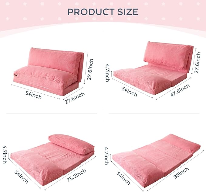 MAXYOYO Folding Sofa Bed, Floor Sofa Convertible Sleeper Chair with Washable Cover, Floor Couch Lounge Bean Bag Chair Bed for Living Room, Pink, 54x95 Inch