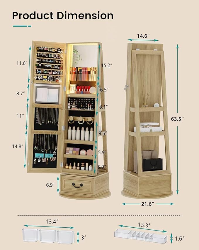 Vlsrka Mirror Jewelry Cabinet Standing, 360° Swivel Jewelry Armoire with Full Length Mirror, Lockable Mirror with Jewelry Storage, 3-Color LED Lights, Foldable Makeup Shelf