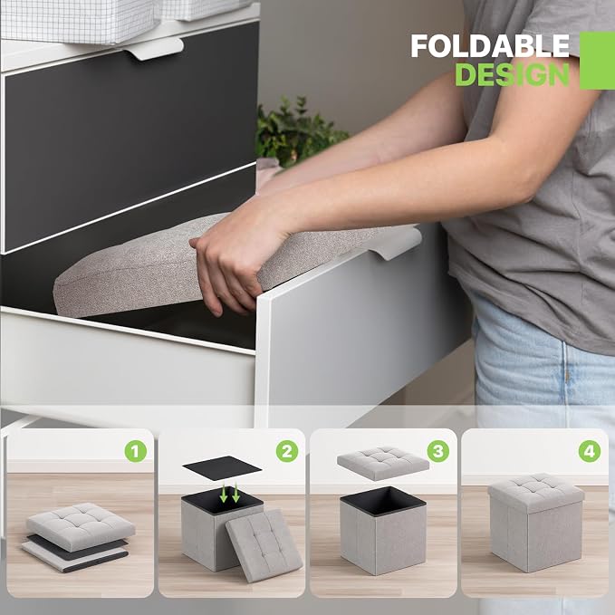 Magshion Folding Storage Ottoman Cube, 15 Inches Small Foot Rest Stool, Square Ottoman with Storage for Bedroom, Living Room, Dorm, Beige