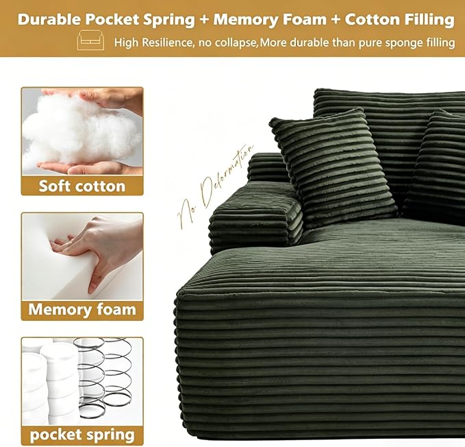Oversized Boneless Chaise Sofa Bed, Corduroy Chaise Lounge Chair Indoor with Storage Pockets, Upholstered Cloud Sleeper Chair Bed for Small Space, Living Room, Bedroom, Apartment,Green