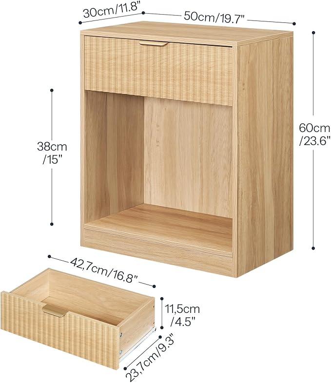 HOOBRO Fluted Nightstand, Modern Bedside Table with 1 Drawer and 1 Open Compartment, Wooden End Table with Metal Handle, for Bedroom and Office, Natural NL208BZ01