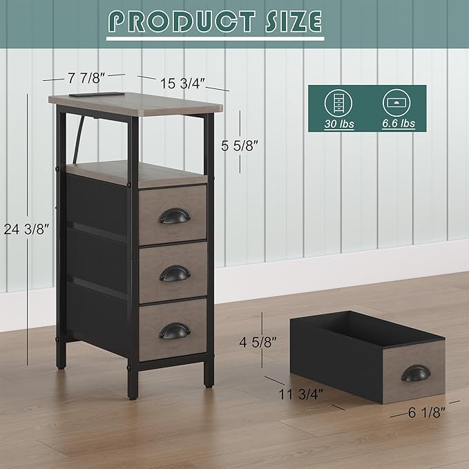 sthmec End Table with Charging Station,LED Side Tables with USB Ports and Outlets,Skinny Bedside Tables with 3 Drawers,Small Tabls Nightstands for Small Space,Slim Sofa Table for Livingroom, Grey