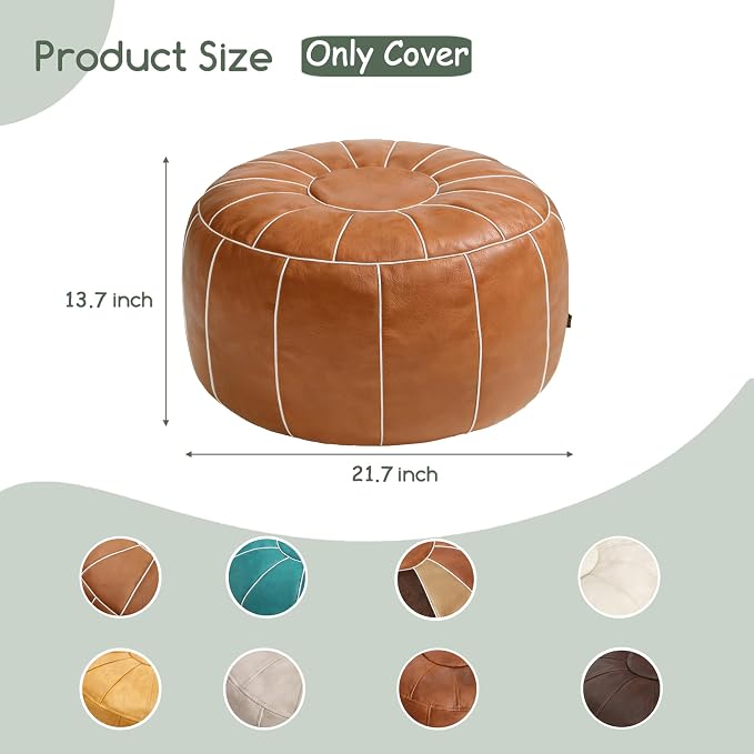Thgonwid Unstuffed Moroccan Storage Pouf Foot Stool Ottoman Seat, No Filler Included, Handmade Faux Leather Bean Bag Floor Chair Foot Rest for Living Room, Bedroom or Balcony, Brown