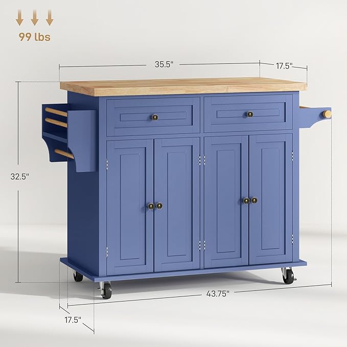 HOMCOM Kitchen Island Cart with Solid Wood Top, 44" Mobile Kitchen Island Table on Wheels with Storage Cabinets, 2 Drawers, Adjustable Shelves, Spice Rack & Towel Bar for Dining Room, Navy Blue