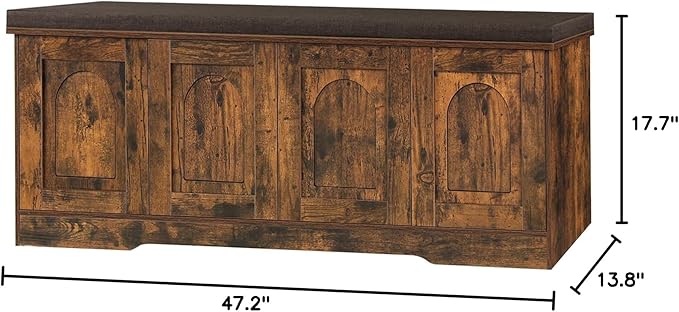 DINZI LVJ Shoe Bench, Entryway Storage Bench with Doors, Cushion, 2-Tier Shoe Rack with 8-Cubby, 47.2”L x 13.8”W Shoe Organizer Cabinet, Adjustable Shelf, Living Room, Bedroom, Rustic Brown