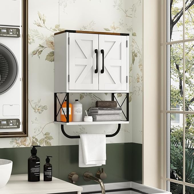 RUSTOWN Farmhouse Rustic Medicine Cabinet with Two Barn Door,Wood Wall Mounted Storage Cabinet w/Dark Brown Top & Adjustable Shelf and Towel Bar, 3-Tier Cabinet for Bathroom(White)