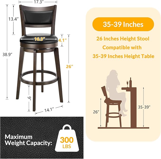 PrimeZone Swivel Bar Stools Set of 4, 26 Inch Counter Height Barstools, Black Faux Leather Bar Stool with High Backrest & Solid Wood Legs & Wrap-around Footrest, Counter Stools for Kitchen Island, Pub