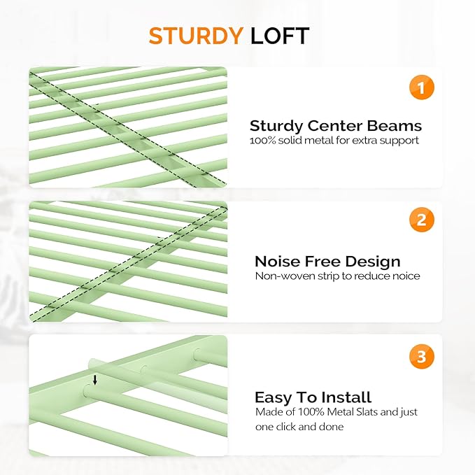 VINGLI Full Loft Bed with Flat Rungs for Adults, Kids and Young Teens, No Box Spring Required,Heavy Duty Metal Slat Support, Green
