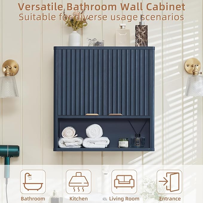 LEYAOYAO Fluted Bathroom Wall Cabinet, Wall-Mounted Medicine Cabinet with Adjustable Shelf & Doors, Farmhouse Floating Over the Toilet Storage Cabinets for Laundry Room, Kitchen, Living Room (Blue)