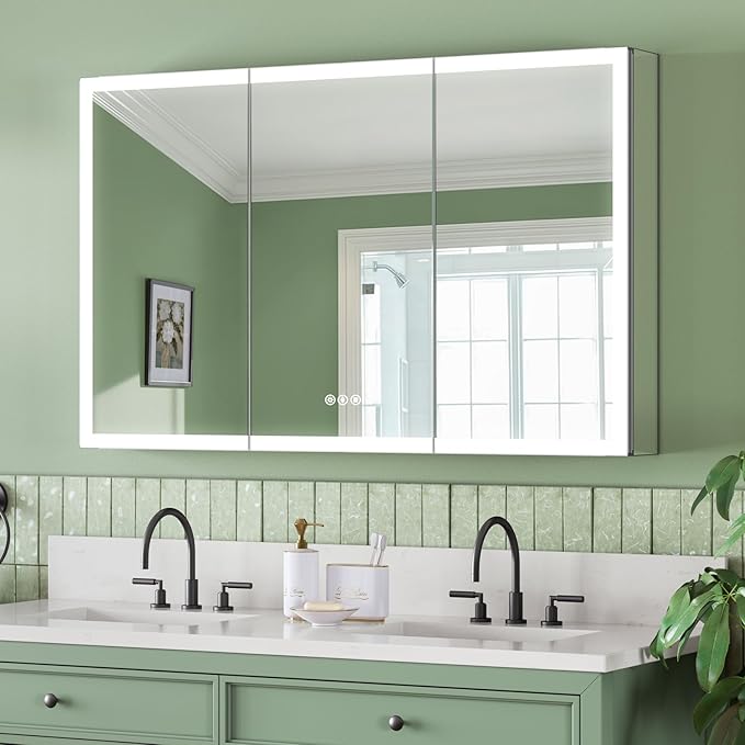 48x30 Inch Lighted Medicine Cabinet with Mirror, AL Alloy Frame, Plug-in or Hardwired, Recessed or Surface Mount, 3 Colors/Dimmable/Interior Sensor Light/Defog,2 Outlets & USBs,4 Shelves