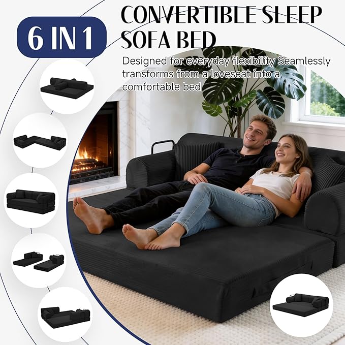 78.8" Convertible Sofa Bed with Detachable Arm Pillow, 6-in-1 Sectional Couches for Living Room, Corduroy Boneless Couch, Sleeper Loveseat Couch Bed, No Assembly, Black Couch