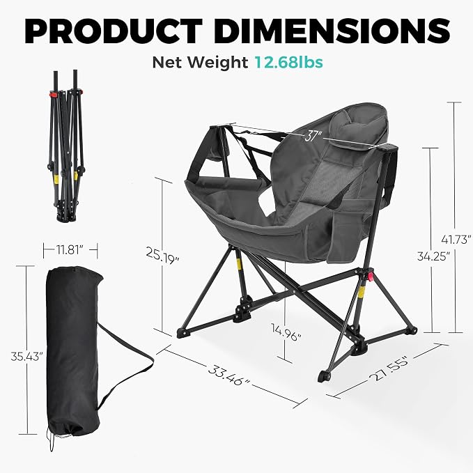 Ainfox Hammock Camping Chair, Foldable Portable Rocking Chairs for Adults Outside Swinging Camp with Cup Holder Pillow for Outdoor Patio Poolside (Grey)