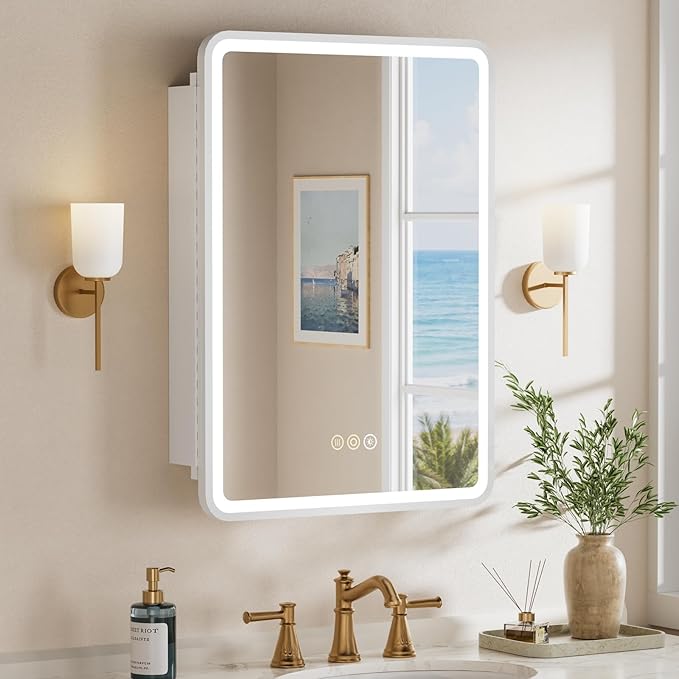 20x28 Inch Medicine Cabinet with Mirror, Recessed or Surface Mount Bathroom Medicine Cabinet with LED Lights, Anti-Fog, Memory Function, Adjustable Shelf, Dimmable Light, ETL Listed, White,Left Hinge