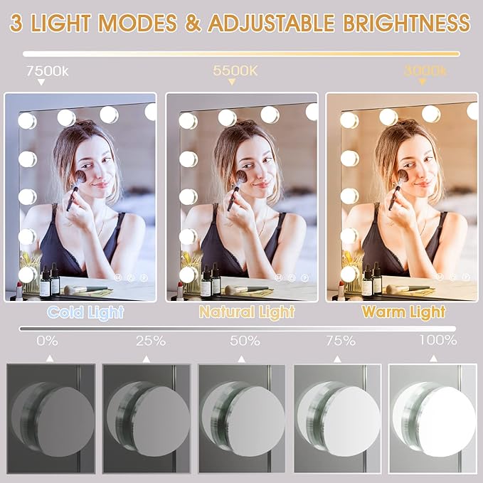 Hansong Black Vanity Mirror with Lights Large Hollywood Vanity Mirror with 15 LED Bulbs Lighted Makeup Mirror 3 Color Lighting Modes for Bedroom