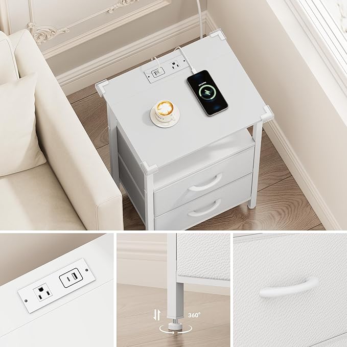 Vagusicc Nightstand with Charging Station, End Table with Fabric Drawers, Side Tables with Storage Shelf, 24.2" Tall Bedside Table with USB Ports & Outlets, Night Stand for Bedroom, White