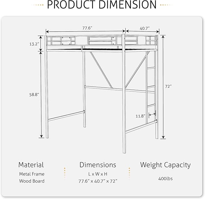 SHA CERLIN Loft Bed Twin Size with Ladder and Guardrail,Rustic Design,Metal Slats Support No Box Spring Needed Small Space Saving Furniture for Bedroom Dorm