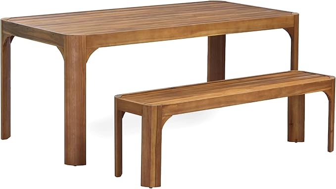 Christopher Knight Home Outdoor Dining Table Set with Bench, 70" Acacia Wood Patio Table and 57" Bench, Teak Finish Slatted Garden Furniture for Deck Backyard Seating
