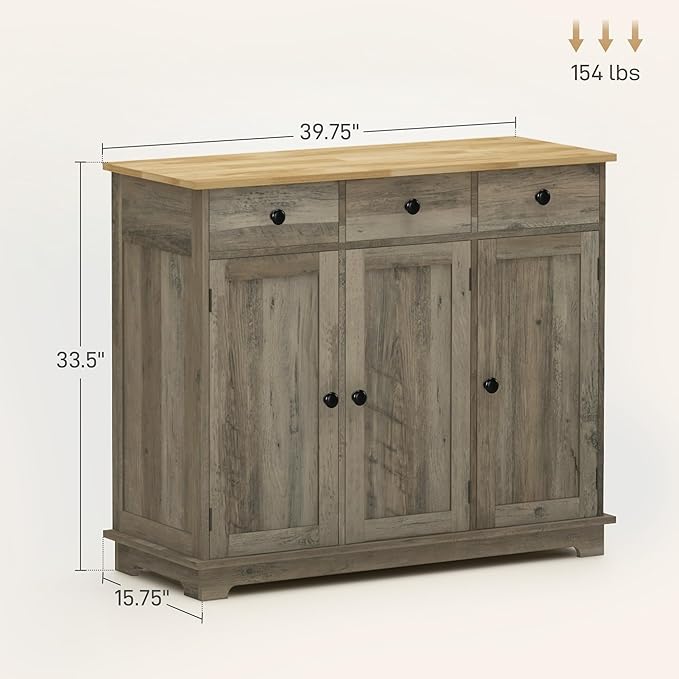 HOMCOM Sideboard Buffet Cabinet with Solid Wood Countertop, Modern Kitchen Storage Cabinet, Coffee Bar Cabinet with 3 Drawers, Doors and Adjustable Shelf, Distressed Gray