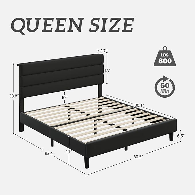 Fluest Queen Bed Frame, Platform Bed Frame with Velvet Upholstered Headboard, No Box Spring Needed, Sturdy Metal Support, Noise Free, Easy Assembly, Modern Bedroom Furniture, Black