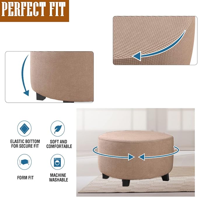 Stretch Ottoman Slipcover – Round Furniture Protector Fits 20"-23" Dia, for Footrests, Storage Ottomans & Folding Stools – Elastic Fabric Cover (Khaki, Medium)