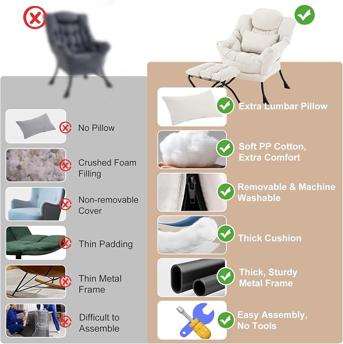 Lazy Chair with Ottoman, Modern Accent Chair with Lumbar Pillow, Beige Sofa, Armchairs with Folding Footrest, Oversized Supportive Chairs for Bedroom, Reading