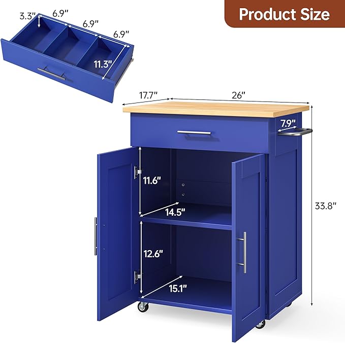 OtterOasis Kitchen Island Cart with Storage, Small Kitchen Island on Wheels with Large Drawer, Adjustable Shelf & Towel Rack, Rolling Island Table for Kitchen & Dining Room, Blue