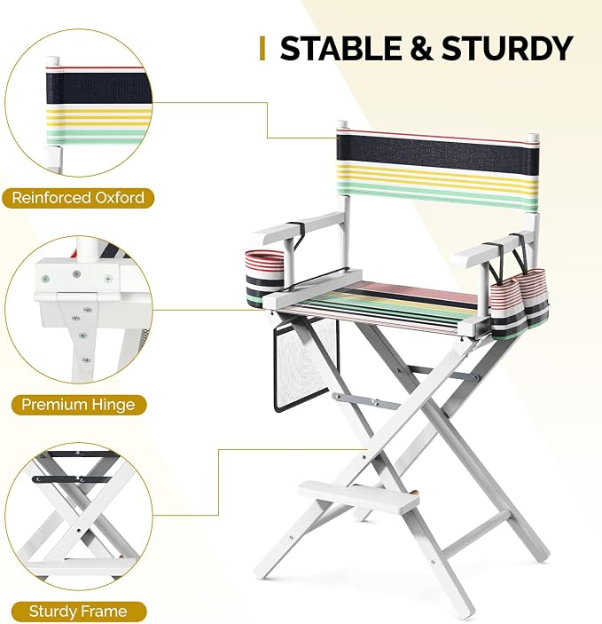 OmySalon 26" H Tall Directors Chair, Wooden Portable Folding Makeup Chair w/Storage Pouch & Footrest, Professional for Salon/Events/Mobile Services, 250lb Capacity, Striped Canvas & White Frame