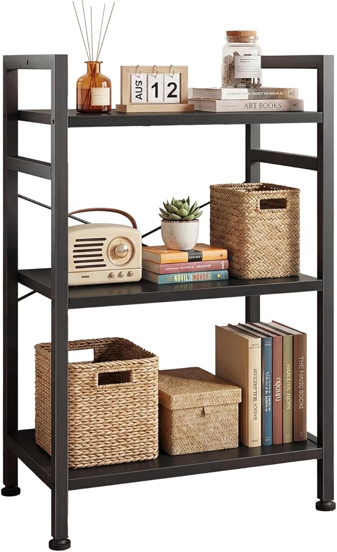 DUMOS 3 Tiers Open Bookshelf, Classic Freestanding Tall Display Shelf, Multifunctional Storage Organizer Rack for Living Room Home Office, Sturdy Bookcase for CDs/Books/Movies, Black