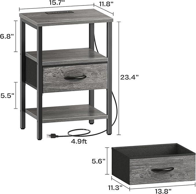 SUPERJARE Nightstand with Charging Station, Bed Side Table with Adjustable Fabric Drawer, Night Stand for Bedroom, 3-Tier Storage End Table, for Living Room, Grey