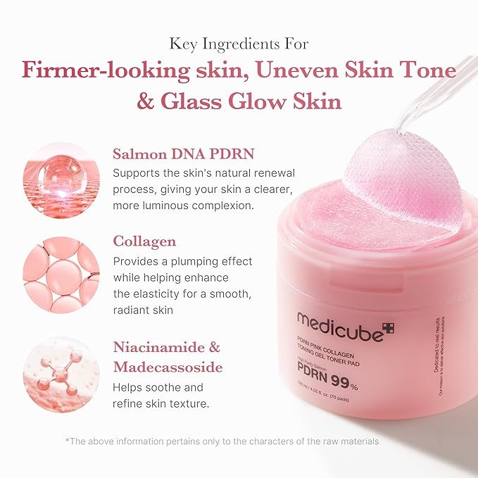medicube Toner Pads Salmon DNA PDRN Pink Collagen Jelly Pad | Korean Gel Toner Pad | Niacinamide, Madecassoside, Retinol | Soothing, Radiance, Uneven Skin Tone | Korean Skin Care | 70 Pads (1 Pack)