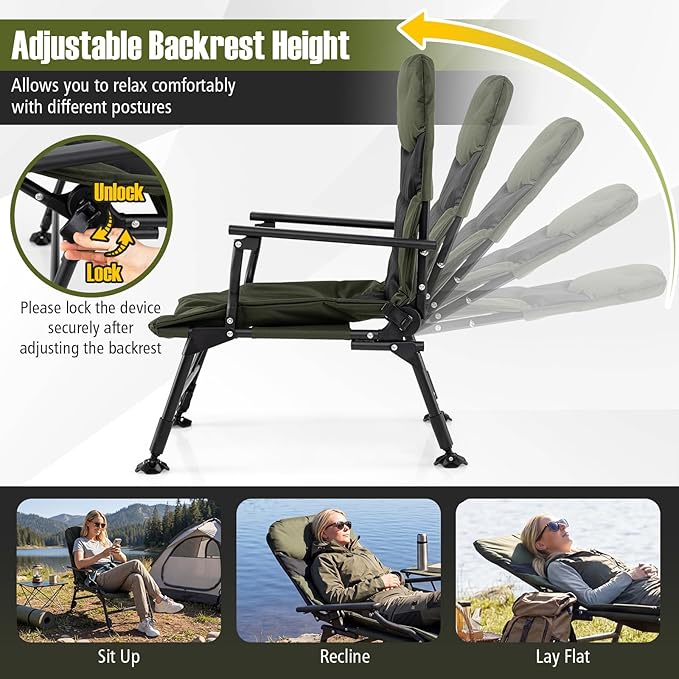 GYMAX Foldable Fishing Chair, Heavy Duty All-Terrain Camping Chair, 180° Adjustable Padded High-Back, Portable Recliner for Outdoor Patio Beach (No Footrest)