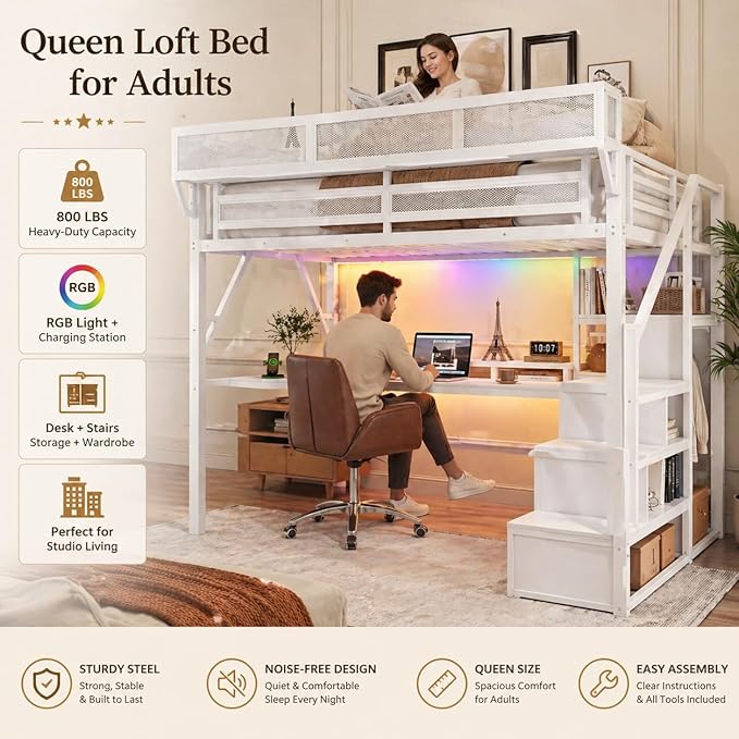 Mirightone Queen Loft Bed with Desk and RGB Light, Metal Loft Bed Frame with Stairs and Bedside Shelf, Heavy-Duty Lofts Beds with Storage Shelves and Wardrobe for Kids Teens, White