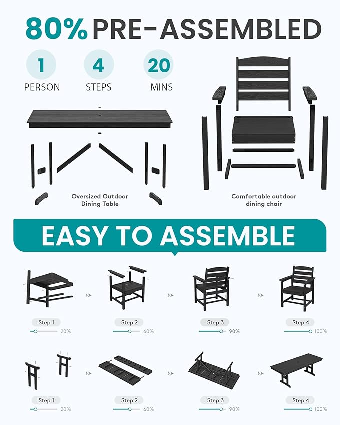 SERWALL 9 Piece Outdoor Dining Set, 84" HDPE Outdoor Table and Chairs for 8，All Weather Patio Dining Furniture Set with Umbrella Hole for Backyard, Garden, Black