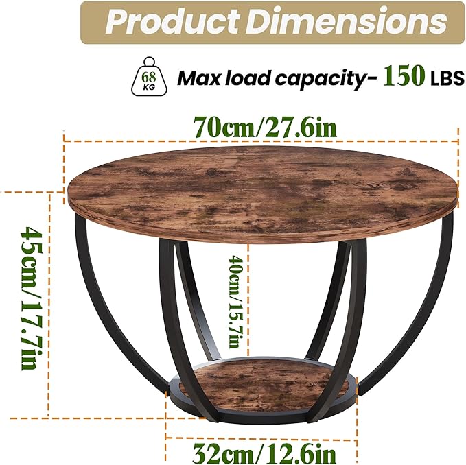HOMERECOMMEND 28" Round Coffee Table with Storage,2-Tier Wood Accent Center Table for Living Room,Sofa Table for Home Office, Brown