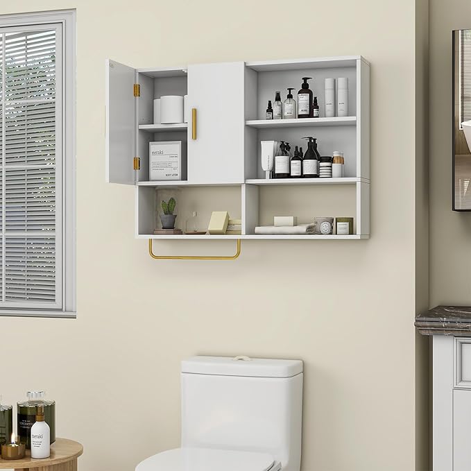 Bathroom Wall Cabinet Wood Large Wall Mounted Medicine Cabinet with 2 Doors and 4 Open Shelves Over Toilet Storage Cabinet Organizer with Towel Bar,White