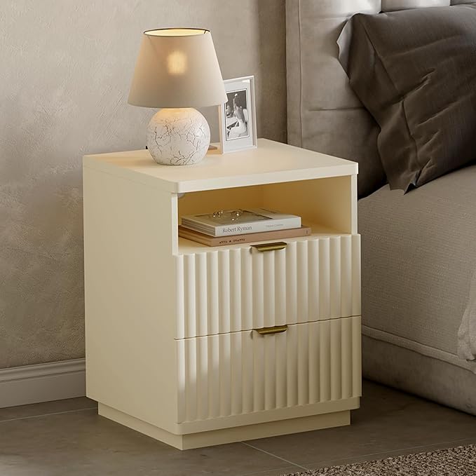 Nightstand with Charging Station, Night Stand with Open Shelf and 2 Drawers for Bedroom, Side Table Bedside Table with USB Ports & Outlets, Small Nightstand End Table (Beige)