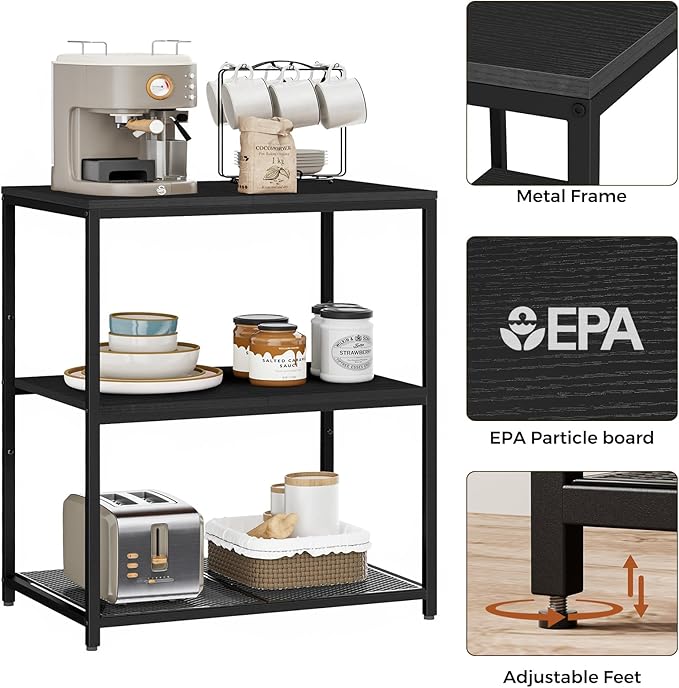 Homleke Kitchen Island with 3 Shelves, Kitchen Shelf with Large Workstation, Bakers Rack, Workbench, Metal Frame, Black