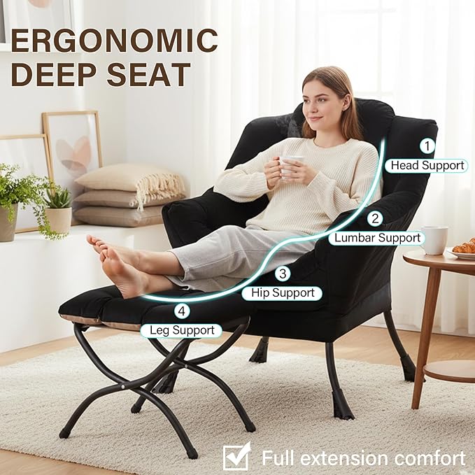Welnow Lazy Chair with Ottoman, Modern Accent Chair with Armrests and a Side Pocket, Leisure Sofa Armchair, Reading Armchair with Footrest for Small Space, Black