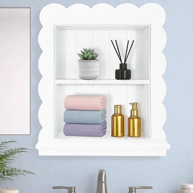 Royxen 14"x18" Recessed Medicine Cabinet, 2-Tier Wooden Bathroom Wall Cabinets Without Mirror,Scalloped Large Medicine Cabinet Niche for Bathroom Storage Organizer,White