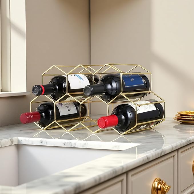 Buruis 9-Bottle Countertop Wine Rack, Honeycomb Metal Wine Holder for Red & White Wines, Standing Bottle Organizer for Home, Kitchen, or Bar, Gold