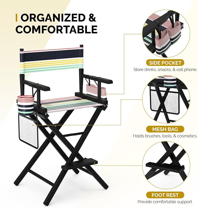 OmySalon 26" H Tall Directors Chair, Wooden Portable Folding Makeup Chair w/Storage Pouch & Footrest, Professional for Salon/Events/Mobile Services, 250lb Capacity, Striped Canvas & Black Frame