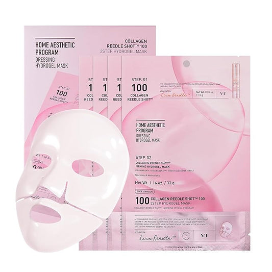 VT COSMETICS コラーゲンリードルショット100 2ステップハイドロゲルマスク（34.5g x 4枚）、ハリ・弾力ケア、エクソソーム 500Da、小じわ、ハイドレーティングオーバーナイトメルティングマスク、韓国スキンケア、フェイシャルジェルマスク