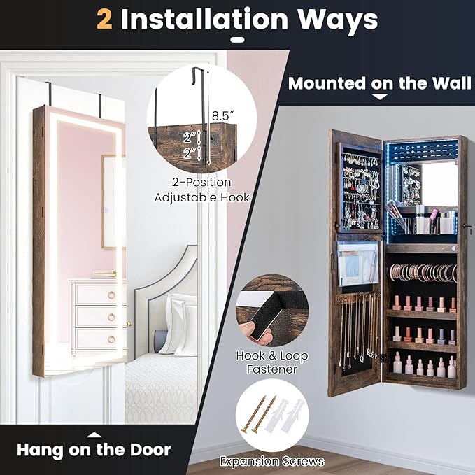 CHARMAID LED Mirror Jewelry Cabinet, Lockable Jewelry Armoire with Adjustable Lighted Full Length Mirror, 3 Lighting Sets, Wall Mounted Door Hanging Jewelry Storage Organizer (Rustic Brown, 42.5''H)